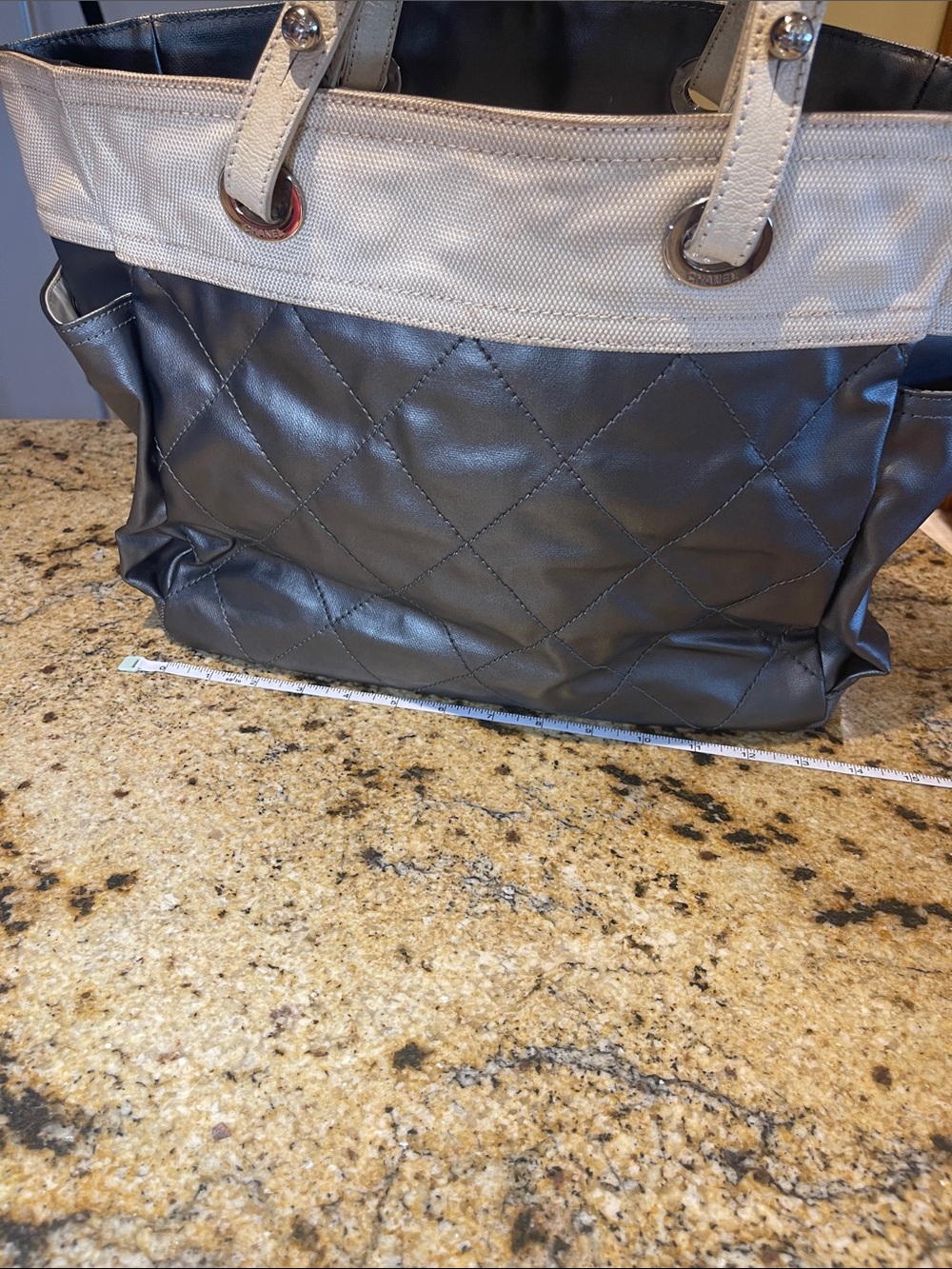 CHANEL Quilted Leather and Canvas Tote - dark gray and Cream - Picture 8 of 14